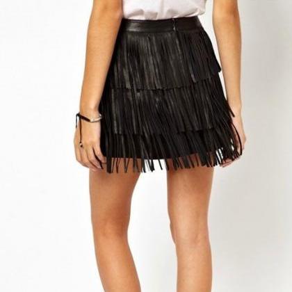 Pu Leather Fringed Skirt