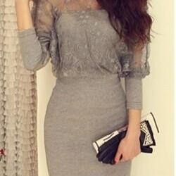 Gray Cotton And Lace Womens Bat Sleeves Sexy Dress..