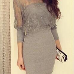Gray Cotton And Lace Womens Bat Sleeves Sexy Dress..
