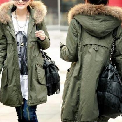 Winter Coats For Women In Green With Fur Hood on Luulla