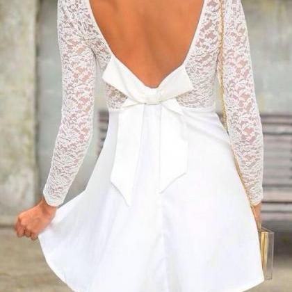 Long Sleeve White Lace Dress With Bow