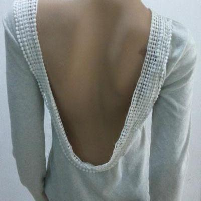 Sexy O Neck Long Sleeves Backless Floral Lace Trim..