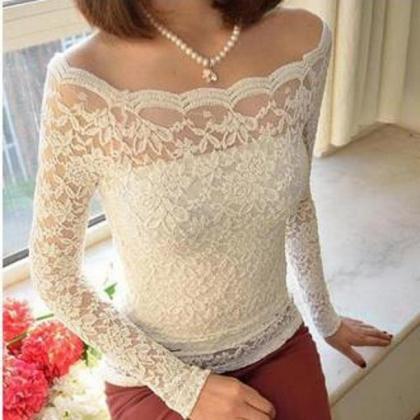 Ladies Sexy Lace Tops See-through Boat Neck Fitted..