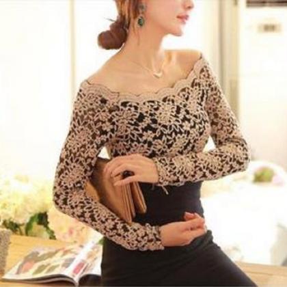 Ladies Sexy Lace Tops See-through Boat Neck Fitted..