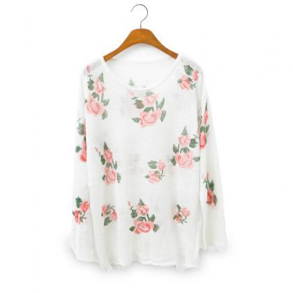 * * Wild Roses Ripped Sweater - White