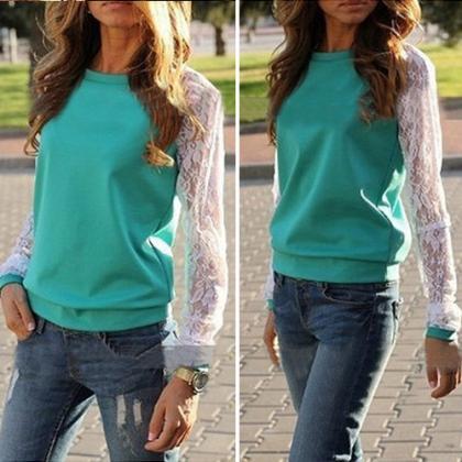 Fashion Lace Spliced Round Neck Long Sleeve..