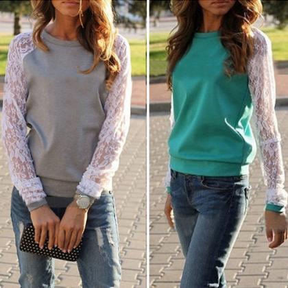 Fashion Lace Spliced Round Neck Long Sleeve..