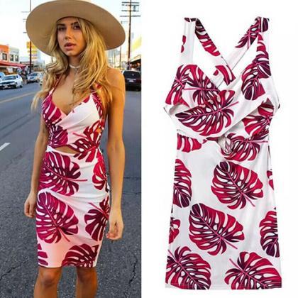 Sexy Crossover Backless V-neck Floral Print Sling..