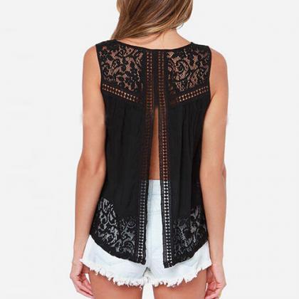 Sleeveless Black Top With Lace, Hollow Out Hem And..