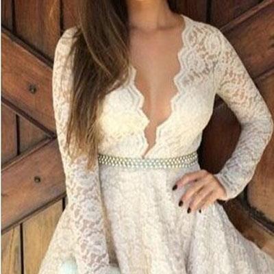 Sexy Women V Long Sleeve Lace Hollow Embroider..