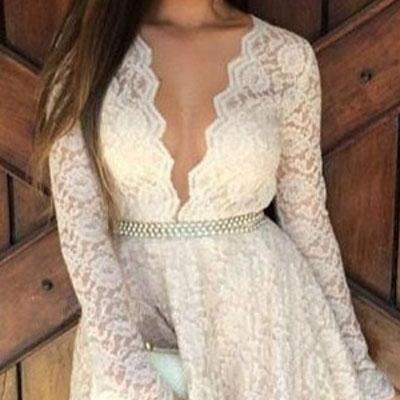 Sexy Women V Long Sleeve Lace Hollow Embroider..