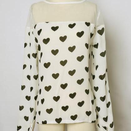 Long Sleeve Casual Top With Heart Print
