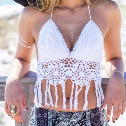 White Gypsy Crocheted Fringe Bikini Halter Crop..