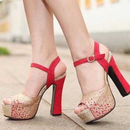 Peep Toe Red And Gold High Heels Fashion Sandals