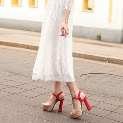 Peep Toe Red And Gold High Heels Fashion Sandals