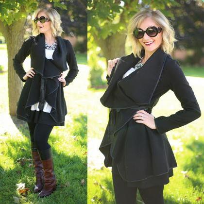 Irregular Black Woolen Cloth Coat 4051632
