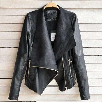 Women Leisure Tops Jacket Female Lapel Blazer PU Leather Punk Zipper Coat european outwears