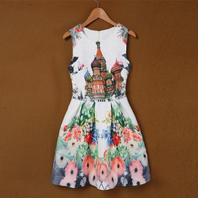 Best Sale!! Hot Fashion Women Ladies O-Neck Sleeveless Sundress Print Slim Casual Party Mini A-Line Dress
