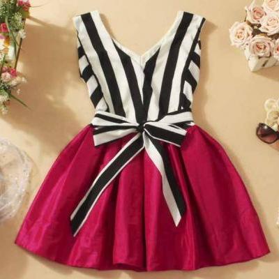 V-Neck Striped Tutu Dress Stitching A 090537