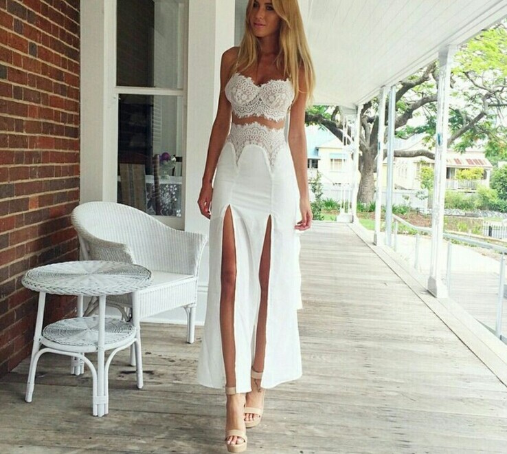 Fashion High Fork White Lace Long Dress
