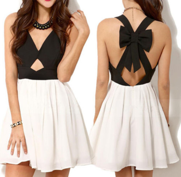 Summer Party Dress Fashion Women Sexy Vintage Black White Criss Cross Back Hollow Out Bowknot Pleated Chiffon Dress