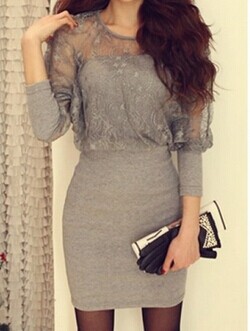 Gray Cotton And Lace Womens Bat Sleeves Sexy Dress (size M; Color Gray)