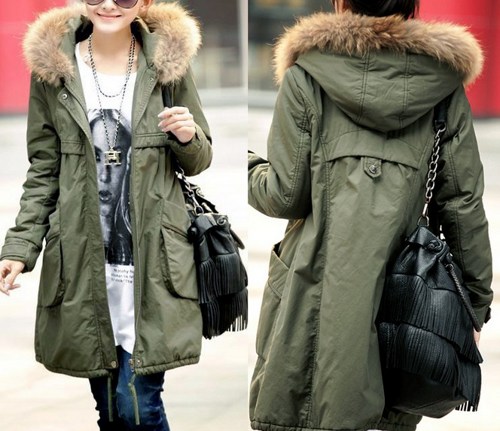 Womens green jacket with clearance fur hood