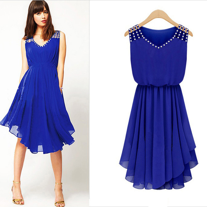 Sweet Blue V-neck Solid Chiffon Knee-length Sleeveless Pleated Dress