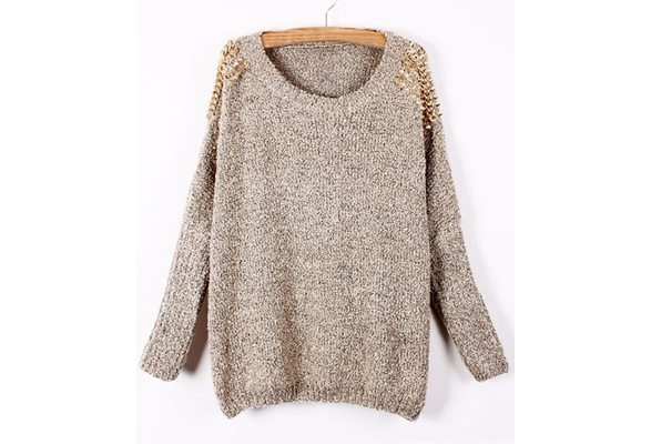 Apricot Batwing Sleeve Rivet Shoulders Loose Sweater One Size (size M; Color Apricot)