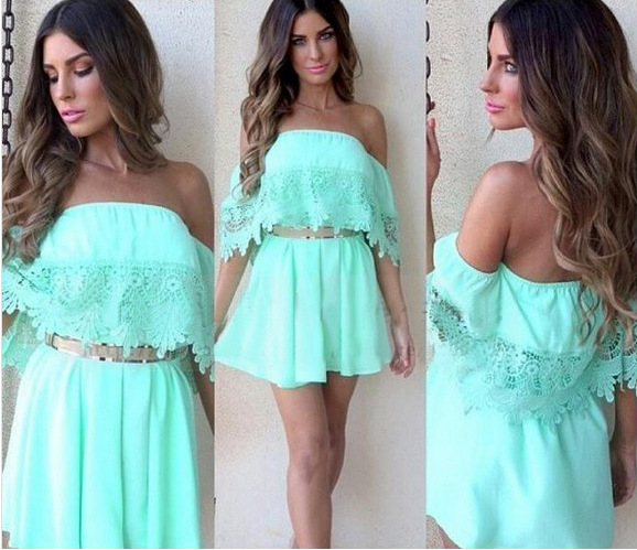 Sexy Strapless Lace Spliced Trumpet Sleeve Dress