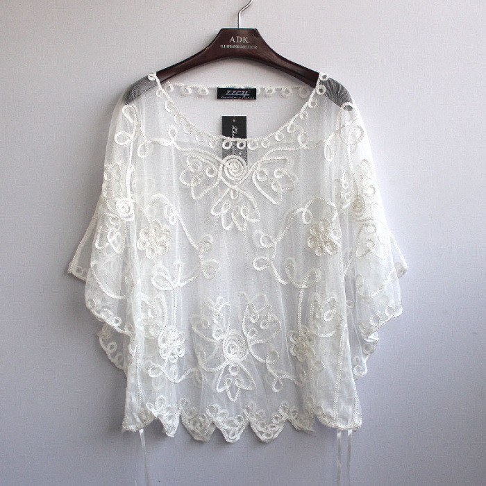 White See Though Lace Crochet Blouse Women's Top