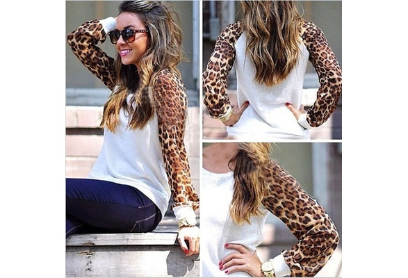 Women Fashion Long Leopard Sleeve Hoodies Sweatshirts