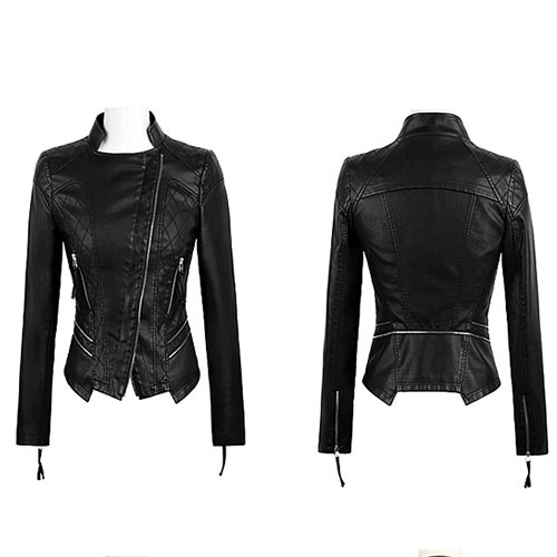 Black Quilted Slim Fit Cropped Motorcycle Jacket Coat on Luulla