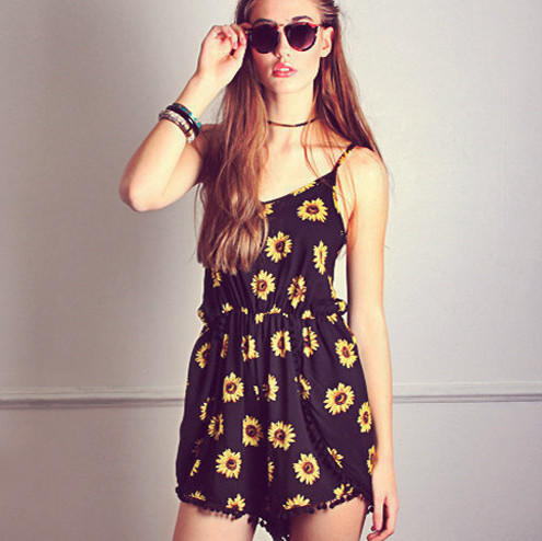 Fashion Sunflower Floral Print Sling Jumpsuit Shorts