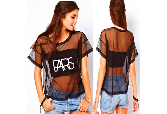 Summer Women Short Sleeve See-through Crop Tops Blouse Gauze Punk T-shirt Y