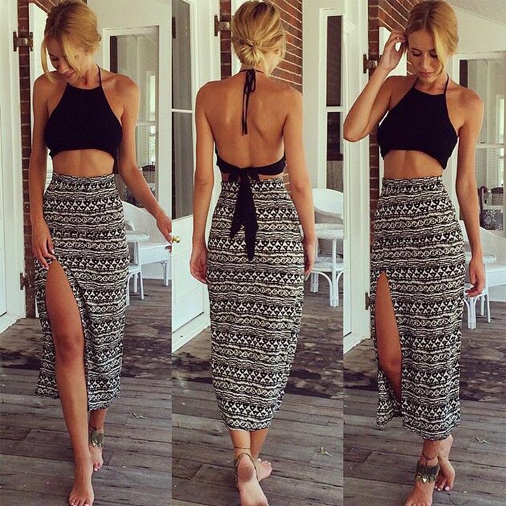Stylish Sexy Women's Two Pieces Sleeveless Dress Set Halter Backless Crop Tops And Long Maxi Skirt