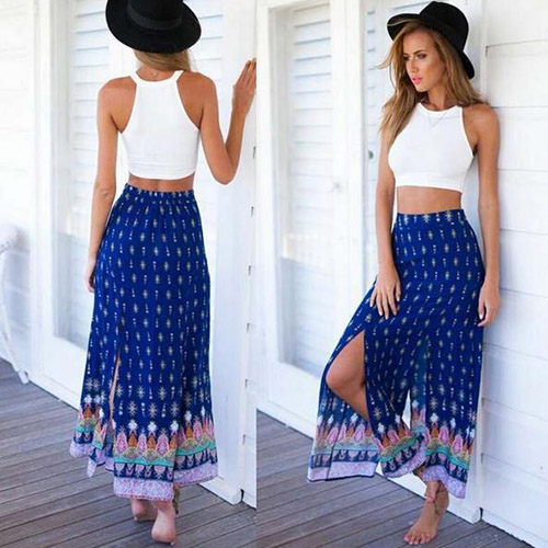 Bohemian Style High Waist Slit Hem Floral Print Skirt