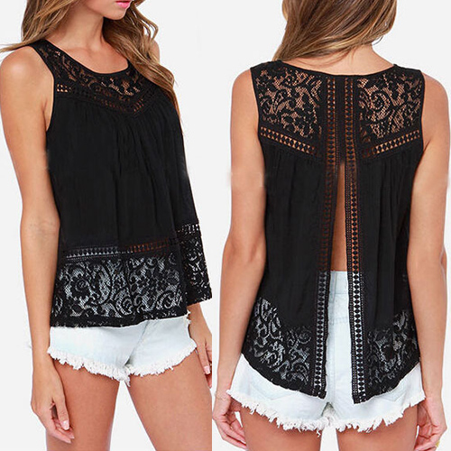 Sleeveless Black Top With Lace, Hollow Out Hem And Back Slits