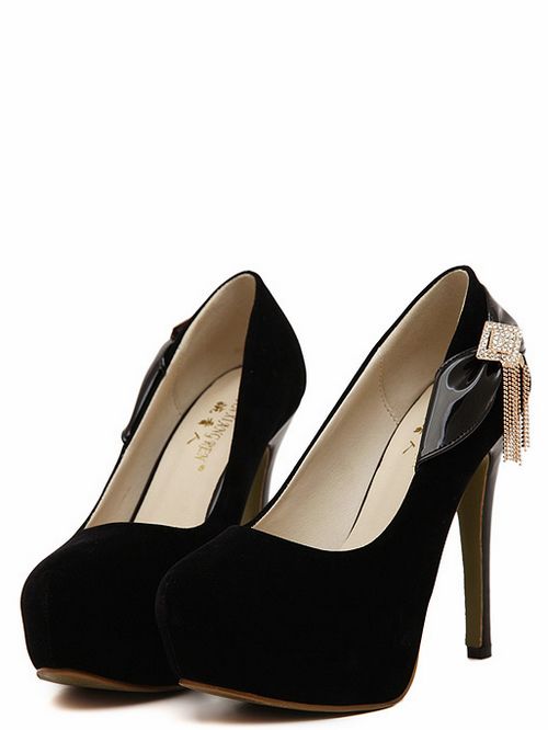 Black Bow And Diamante Design High Heels Fashion Shoes